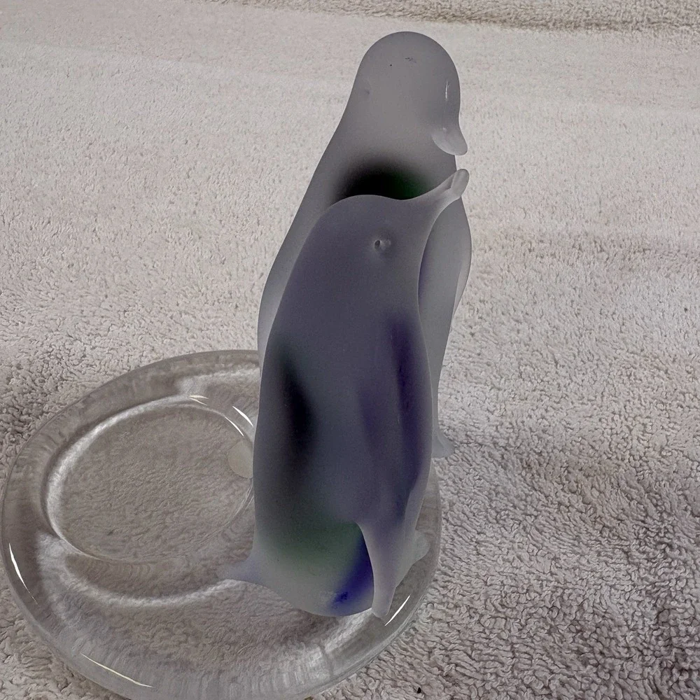 PartyLite Penguin Votive Candle Holder Frosted Glass with Blue and Green EUC